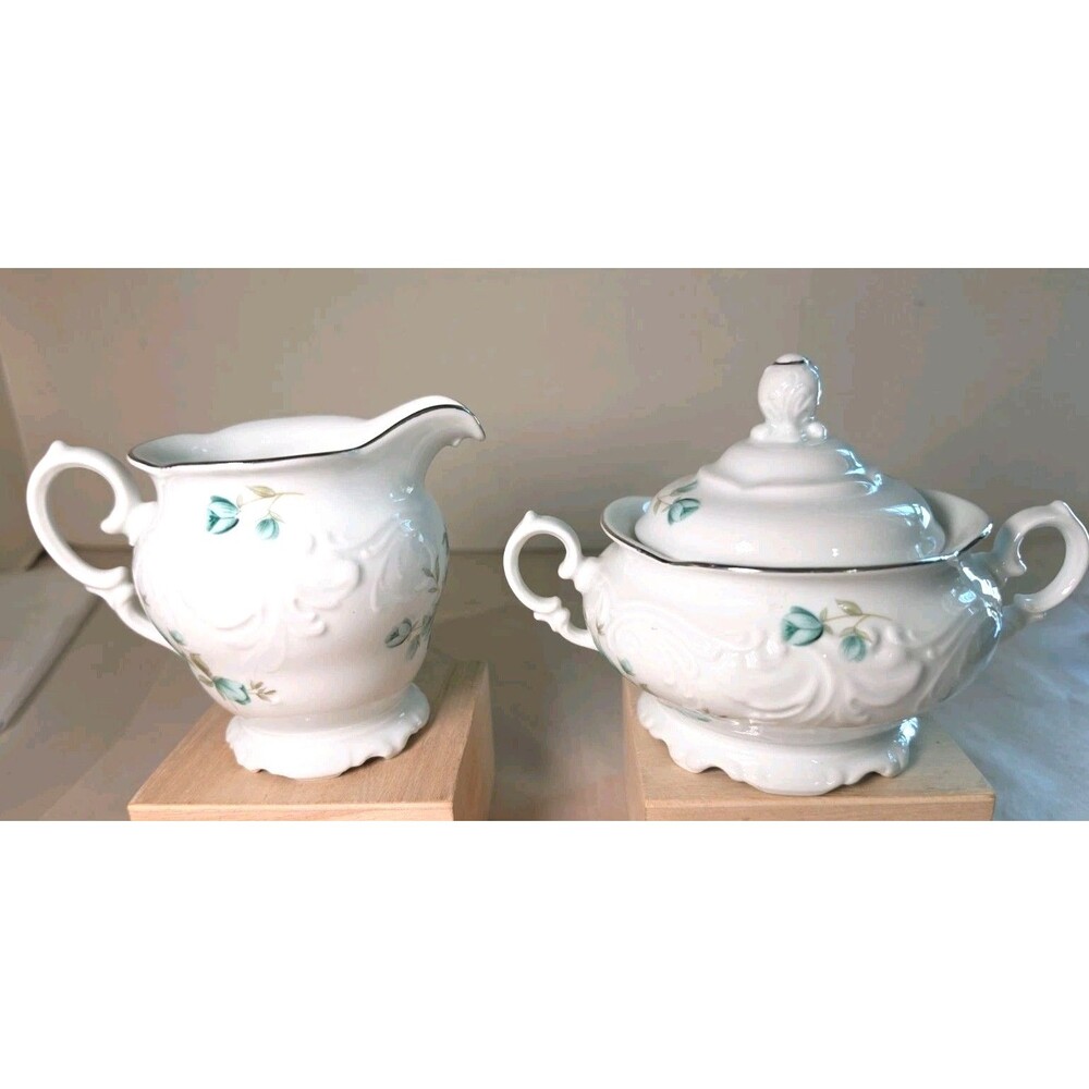EUC Vintage Wawel  “Morning” Sugar & Creamer Teal Roses Silver Trim